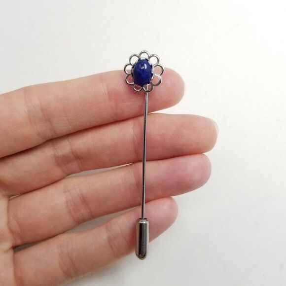 Vintage Little Blue Cabochon Flower Stick Pin, Silver Tone Setting Brooch - Picture 2 of 5